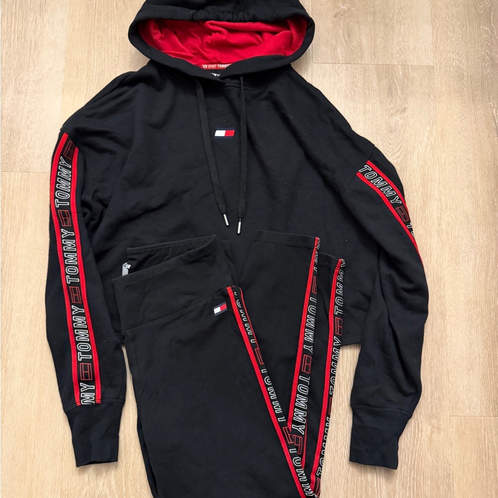 Tommy Hilfiger Black Hoodie and leggings with Red Accents